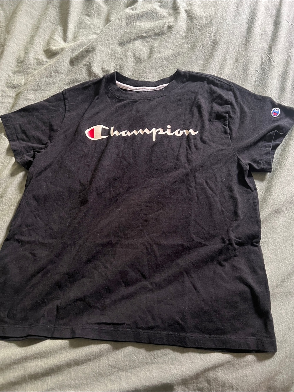Champion Black Crewneck Logo Tee with Red Accent